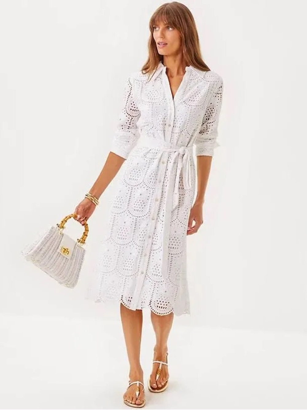 Lilly Pulitzer White Eyelet Midi Shirt Dress with Tie Waist